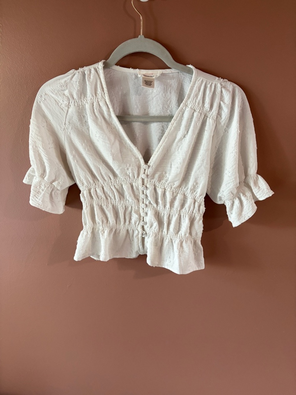 White Smocked Button-Front V-Neck Crop Top